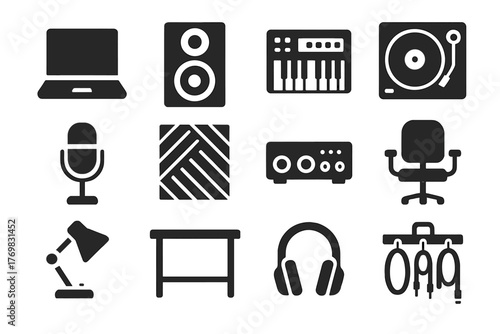Home Studio Essentials. Solid style icons of home studio: laptop, audio monitor, midi keyboard, turntable, microphone, acoustic