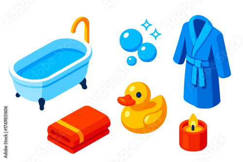 Luxury Bathhouse Icons. Isometric vector illustration set Luxury Bathhouse: modern bathtub, golden rubber duck, sparkling bubbles,