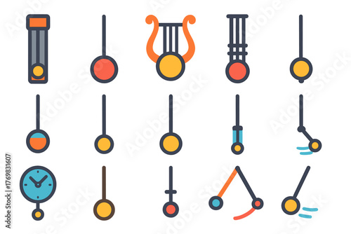 Vibrant Pendulum Icons. Flat vector icons of pendulums: longcase pendulum, short pendulum, decorative lyre pendulum, gridiron