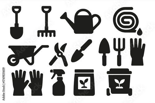 Gardening Tools Icons. Solid style icons of gardening tools: shovel, rake, watering can, garden hose, wheelbarrow, pruning shears,