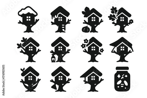 Seasonal Treehouses Icons. Solid style icons of seasonal treehouses: snow roof, icicles, autumn leaves, pumpkin, blooming flowers,