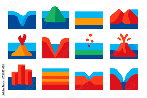 Deep Sea Geology Icons. Flat vector icons of deep sea geology: ocean trench, seamount, abyssal plain, mid-ocean ridge, volcanic