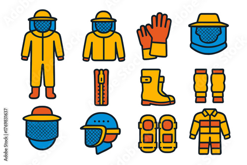 Beekeeping Gear Icons. Flat vector icons of beekeeping clothing: full bee suit, beekeeping jacket, protective veil, wide-brim hat