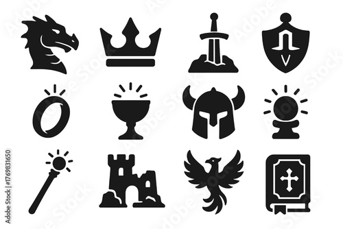 Knight Legends Icons. Solid style icons of knight legends: dragon, crown, sword in stone, enchanted shield, magic ring, holy grail