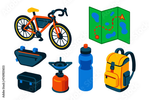 Bikepacking Essentials Icons. Isometric vector illustration set Bikepacking Trip: gravel bicycle, trail map, frame bag pannier,
