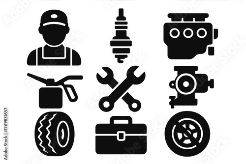 Vintage Car Repair Icons. Solid style icons of Vintage Car Repair: grease monkey, spark plug, engine block, oil can, wrench set,
