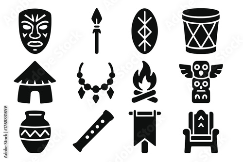 Tribal Elements Icons. Solid style icons of tribal elements: mask, spear, shield, drum, hut, necklace, ceremonial fire, carved