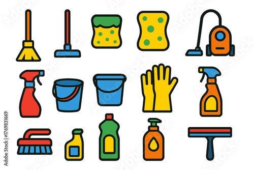 Cleaning Tools Icons. Flat vector icons of home cleaning tools: broom, mop, sponge, vacuum cleaner, spray bottle, bucket, dustpan,