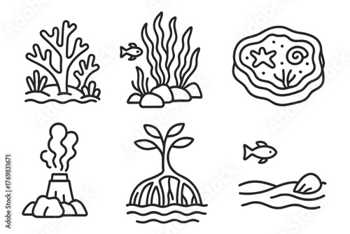 Marine Biology Icons. Line style icons of marine biology habitats: coral reef, kelp forest, tide pool, deep sea vent, mangrove