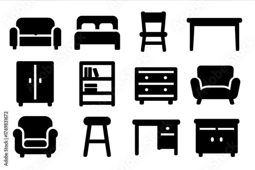 Solid Furniture Icons. Solid style icons of household furniture: sofa, bed, chair, table, wardrobe, bookshelf, dresser, nightstand