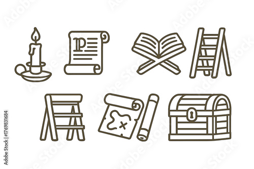Old Library Icons. Line style icons of old library items: candle lamp, ancient manuscript, bookstand, ladder shelf, rolled map,