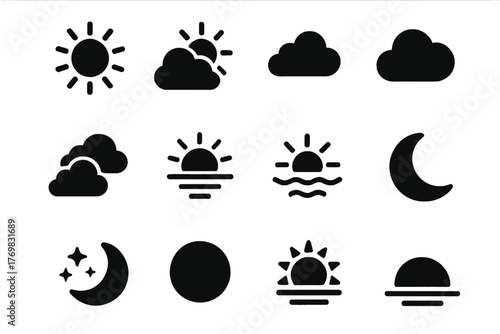 Weather Iconography. Solid style icons of sky conditions: clear sky, partly cloudy, overcast, scattered clouds, sunrise, sunset,