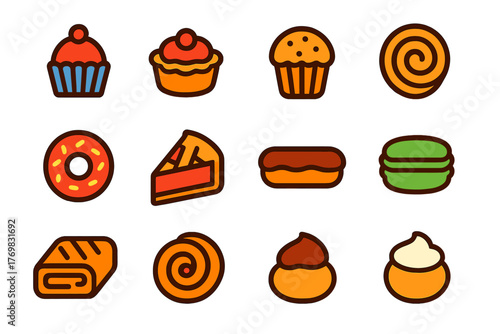 Colorful Pastry Icons. Flat vector icons of pastries: cupcake, tart, muffin, cinnamon roll, donut, pie slice, éclair, macaron,
