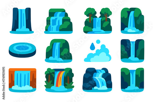 Waterfall Icon Set. Flat vector icons of waterfalls: tall cascade waterfall, multi-tier waterfall, rainforest stream waterfall,