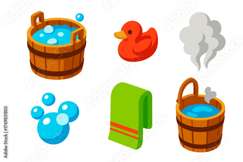 Traditional Bathhouse Illustrations. Isometric vector illustration set Traditional Bathhouse: wooden bathtub, rustic rubber duck,