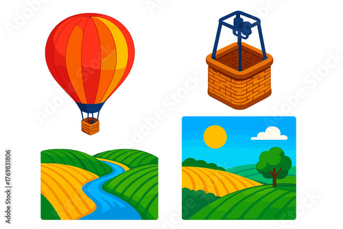 Colorful Countryside Balloon. Isometric vector illustration set Balloon in Countryside: large round balloon, rustic basket, gas