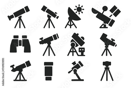 Solid Telescope Icons. Solid style icons of telescopes: refractor telescope, reflector telescope, radio telescope, binoculars,