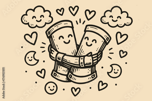 Vambraces in Love. A doodle illustration of a pair of vambraces hugging each other, surrounded by cheerful hearts, giggling clouds
