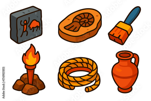 Cave Exploration Icons. Isometric vector illustration set Cave Exploration: stone carving, fossil imprint, excavation brush, dig