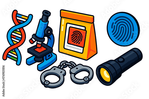Forensics Tools Icons. Isometric vector illustration set Police Forensics: DNA molecule, compound microscope, sealed evidence bag,