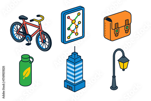 Urban Bicycle Icons. Isometric vector illustration set Urban Bicycle Touring: city bicycle, metro map, leather pannier, eco water