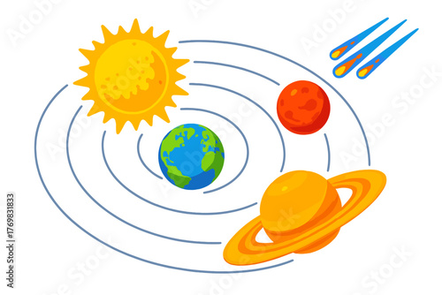 Solar System Icons. Isometric vector illustration set Solar Orbit: shining sun, earth globe, red mars, saturn rings, trajectory