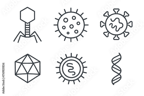 Virus Line Icons. Line style icons of viruses: bacteriophage, influenza particle, coronavirus shape, capsid structure, viral