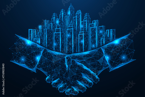 Digital partnership. A handshake from which the buildings of a modern city grow. The concept symbolizes the future of smart cities built on collaboration and partnership.