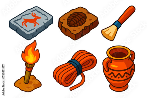 Cave Exploration Icons. Isometric vector illustration set Cave Exploration: stone carving, fossil imprint, excavation brush, dig