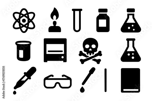 Chemistry Lab Icons. Solid style icons of chemistry lab: atom model, burner flame, test tube, reagent bottle, chemical vial, fume