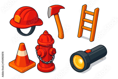 Fire Safety Gear Icons. Isometric vector illustration set Fire Safety Gear: sturdy helmet, classic axe, hydrant with chains,