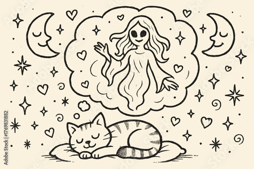 Dreamy Cat Visions. A doodle scene of an eidolon appearing in a dream bubble above a sleeping cat, with smiling moons, twinkling