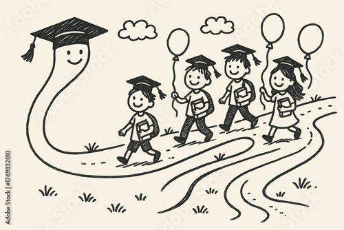 Path of Knowledge. A doodle scene of a liripipe turning into a winding path, with smiling students walking along it, carrying