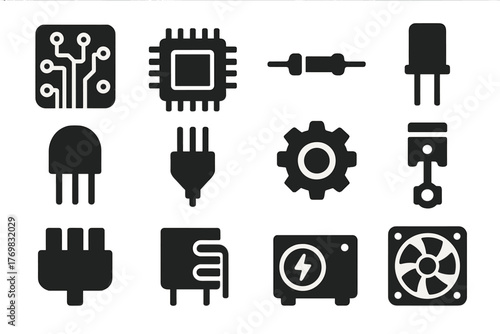 Robotic Component Icons. Solid style icons of robotic components: circuit board, microchip, resistor, capacitor, transistor,