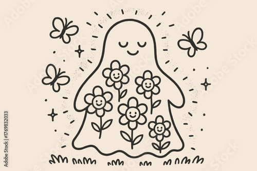 Eidolon with Smiling Flowers. A doodle illustration of an eidolon figure glowing softly, with smiling flowers blooming in its