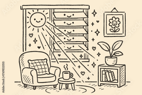 Cozy Room Doodle. A doodle of a cozy room where a jalousie window’s slats form smiling faces, while sun rays bring in tiny hearts