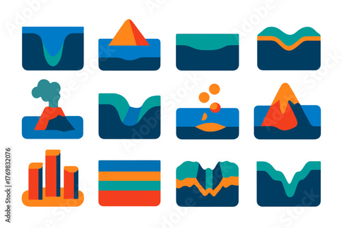 Deep Sea Geology Icons. Flat vector icons of deep sea geology: ocean trench, seamount, abyssal plain, mid-ocean ridge, volcanic
