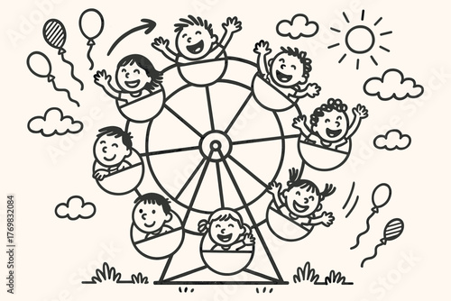 Whimsical Ferris Wheel Ride. A doodle illustration of a carnival Ferris wheel turning widdershins, with cheerful riders waving and