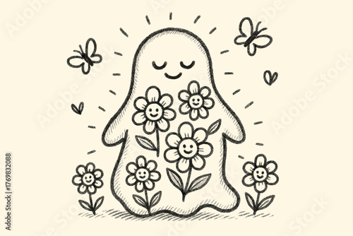Eidolon with Smiling Flowers. A doodle illustration of an eidolon figure glowing softly, with smiling flowers blooming in its