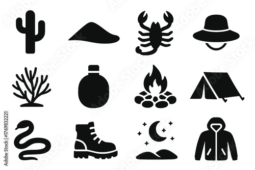 Desert Camping Essentials. Solid style icons of desert camping: cactus, sand dune, scorpion, sun hat, dry bush, canteen, fire ring