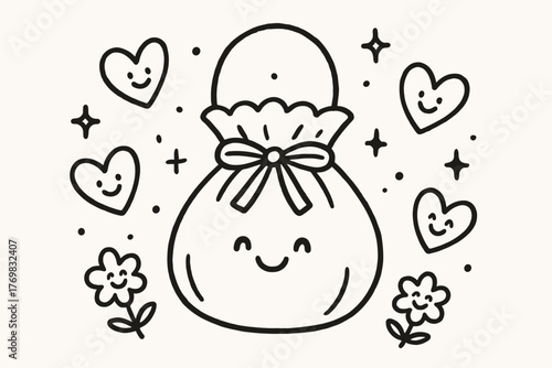 Joyful Handbag Doodle. A doodle of a smiling reticule handbag with a drawstring bow, surrounded by cheerful hearts, tiny stars,