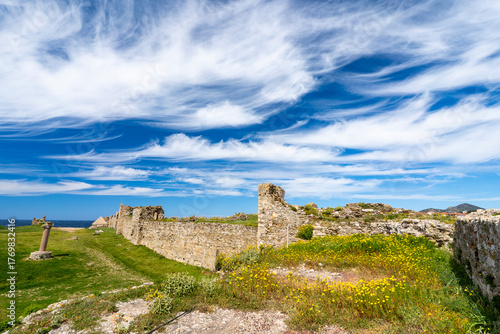Greece, Peloponnese, Methoni - 4 April 2024 - The ancient ruins of Methone fortress with green grass and yellow flowers