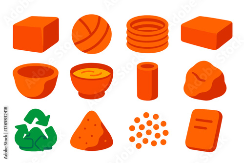 Clay Forms Icons. Flat vector icons of clay forms: raw clay block, wedged clay ball, coil of clay, slab of clay, pinch pot, clay