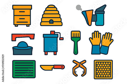 Beekeeping Tools Icons. Flat vector icons of beekeeping tools: wooden beehive box, traditional straw skep, metal smoker, hive tool