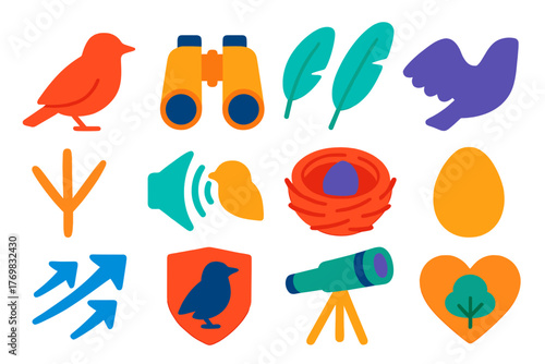 Birdwatching Icon Set. Flat vector icons of birdwatching symbols: bird silhouette, binoculars icon, feather icon, wing outline,