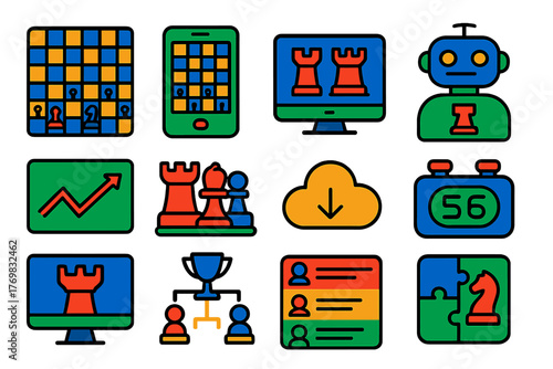 Digital Chess Icons. Flat vector icons of digital chess: online chessboard, smartphone chess app, computer chess engine, AI