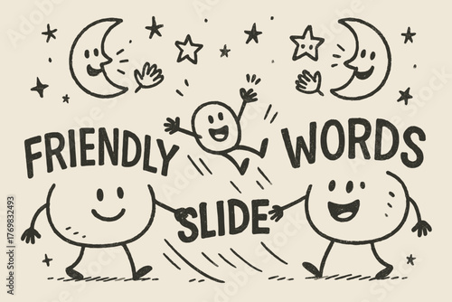 Joyful Word Play. A doodle scene of two friendly words holding hands, letting a smaller word slide playfully in the middle, while