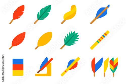 Colorful Arrow Fletching Icons. Flat vector icons of arrow fletching: feather fletching, plastic vanes, spiral fletching, offset