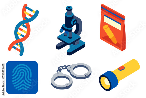 Forensics Tools Icons. Isometric vector illustration set Police Forensics: DNA molecule, compound microscope, sealed evidence bag,