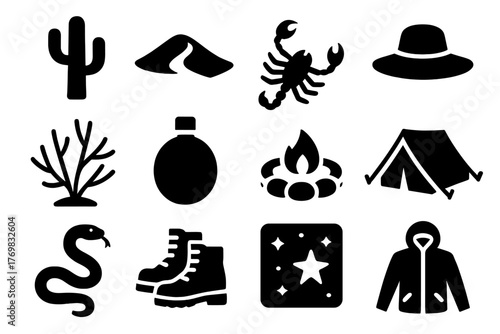 Desert Camping Essentials. Solid style icons of desert camping: cactus, sand dune, scorpion, sun hat, dry bush, canteen, fire ring